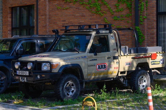 June 11, 2026, Tbilisi, Georgia Beige Toyota Land Cruiser 79 Series Single Cab with ARB and Old Man Emu Off-Road Modifications