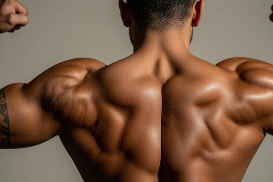 Muscular man flexes back muscles in gym studio. Athletic guy shows strong shoulders, toned physique with visible tanned skin. Bodybuilder trains hard to gain mass, shape. Healthy male athlete poses