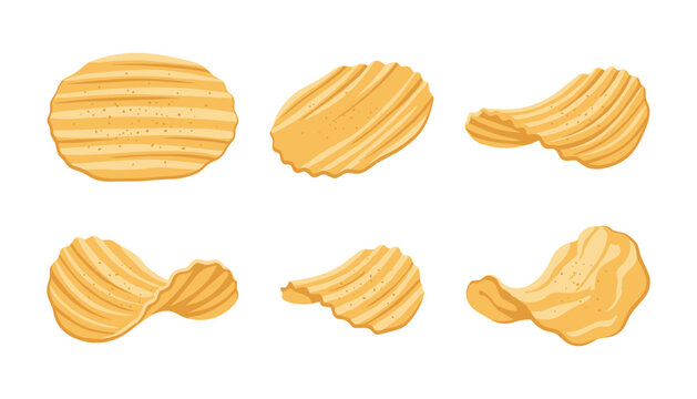  Crispy Ridged Potato Chips Vector Illustration Set Featuring Crunchy Wavy Fried Snacks with Salty Seasoning Elements for Fast Food Packaging Designs