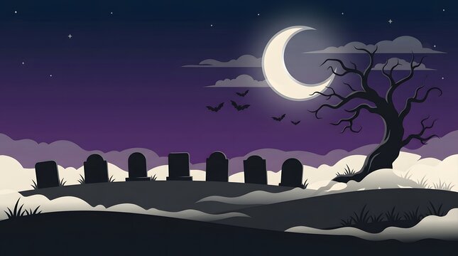 A spooky and delightful halloween night scene with a crescent moon silhouetted tree and a graveyard in a flat vector style for