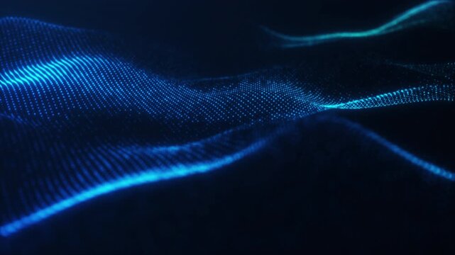 Glowing blue particles shape a smooth digital wave mesh with depth and motion, futuristic tech background, 4k 60fps.