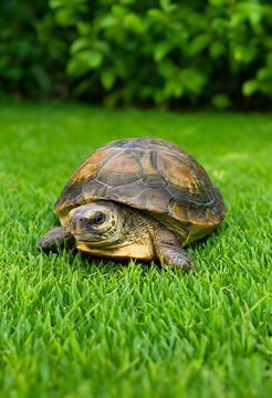 Small turtle with a patterned shell resting on lush green grass in a natural outdoor setting, the reptile is positioned in a natural outdoor environment, surrounded by lush foliage in