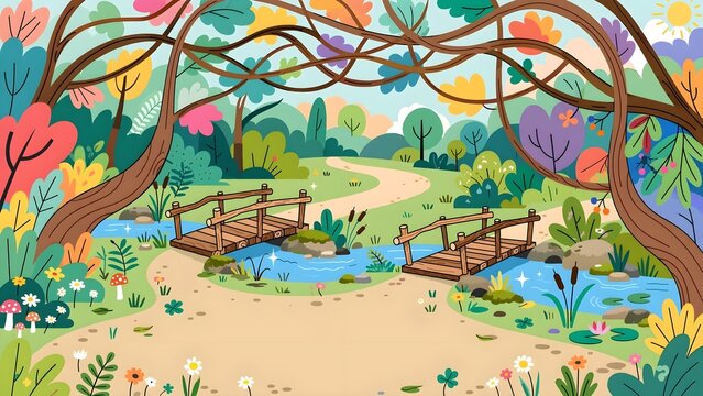 Whimsical forest path background with tall intertwined trees confetti leaves rustic log bridge over gentle stream and dynamic curving trail with big open ground for text