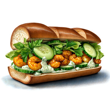 Grilled shrimp sub sandwich with fresh vegetables and sauce sandwich cucumber