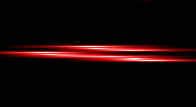 Red anamorphic lens flare, horizontal light streaks on black background, cinematic glowing beam for video overlay and motion graphics