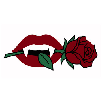 Vampire lips holding a dark red rose, a gothic romance illustration. Blood-red mouth with fangs, a symbol of seductive mystery and dark fantasy. Ideal for Halloween, horror
