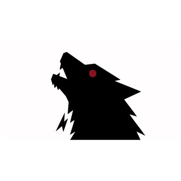 Striking black wolf head howling, a minimalist animal silhouette with glowing red eye, powerful canine symbol for branding and design projects.