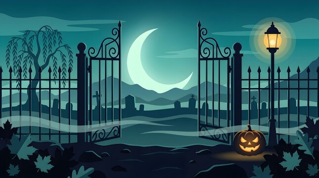 Spooky halloween graveyard scene with iron gates a glowing jack o lantern and a crescent moon background