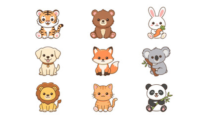 Obraz premium Cute Sitting Baby Animal Character Set with Tiger Bear Rabbit Dog Fox Koala Lion Cat and Panda for Nursery Graphic Designs