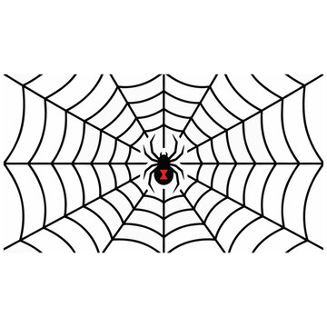Black Widow spider on a classic spiderweb, a spooky Halloween insect graphic. Intricate web design with a dangerous arachnid, perfect for horror-themed projects.