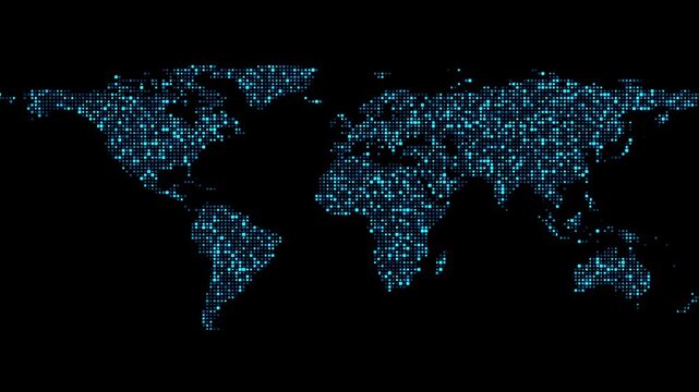 Glowing particle world map animation for global data, seamless loop Holographic Digital World Map with Global Network Connections, Rotating Blue Particles