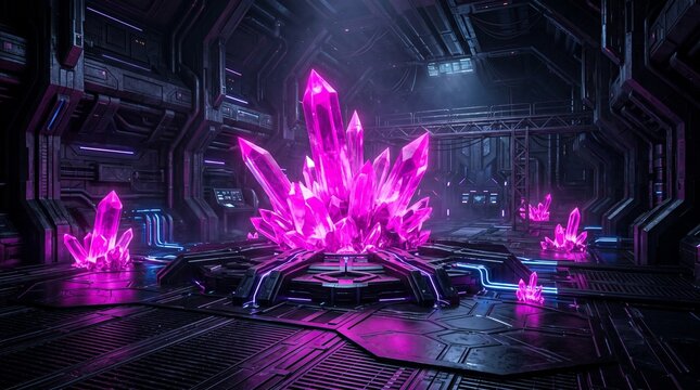 Glowing purple crystals in futuristic sci-fi laboratory, neon energy mineral in dark spaceship interior, cinematic alien technology background