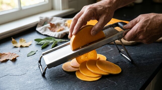 Hands using metal mandoline slicer to cut orange butternut squash on dark slate kitchen counter