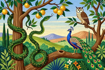 Obraz premium Green snake coils around tree with orange fruits. Peacock stands on log, owl sits on branch. Lush landscape features hills, mountains, sky. Symbolizes temptation, nature, life cycle.
