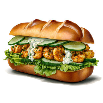 Fresh shrimp sandwich with cucumber and creamy herb sauce on crusty bread