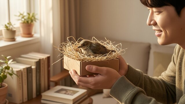 Animal - Asian man holding a small bird in a nest inside a box indoors