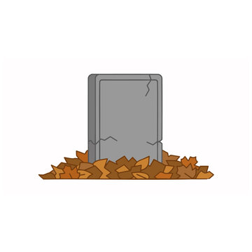 Cracked gray tombstone with fallen autumn leaves, a spooky Halloween graveyard icon. Simple flat vector illustration of a weathered gravestone, perfect for death, memorial