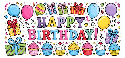 Fototapeta premium Festive birthday card with vibrant balloons, gifts, cupcakes, confetti, and fun lettering on a colorful background.