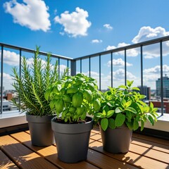 Fototapeta premium Green potted herbs sit on apartment balcony railing under bright sun. Fresh rosemary basil, mint grow in containers overlooking city skyline. Summer day provides blue sky background for organic