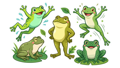 Fototapeta premium Cute cartoon frog vector character set featuring green frogs jumping sitting on lily pads and standing in proud pose,