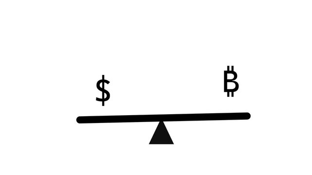 Seesaw balance scale with dollar sign and bitcoin symbol tipping financial equilibrium concept