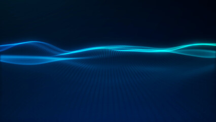 Cyan digital particle wave flowing over a dark tech background. Abstract dotted mesh surface with glowing lines, smooth motion and modern cinematic depth. © Aksver