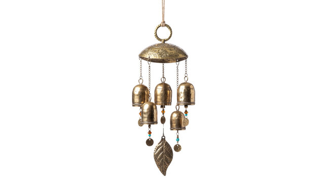 Vintage brass wind chime with hanging bells, antique metal garden ornament, rustic bronze windchime for home decor and zen patio atmosphere