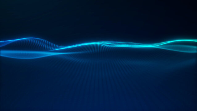 Cyan digital particle wave flowing over a dark tech background. Abstract dotted mesh surface with glowing lines, smooth motion and modern cinematic depth.