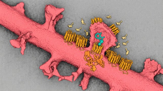 Lysergic acid diethylamide chemical, lsd molecule bound inside yellow gpcr serotonin receptor protein on pink dendritic spine membrane, showing hallucinogenic drug action at cellular level.