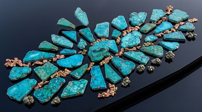 Raw turquoise stone fragments with copper nuggets, unpolished blue gemstone pieces on black background, mineral specimen collection