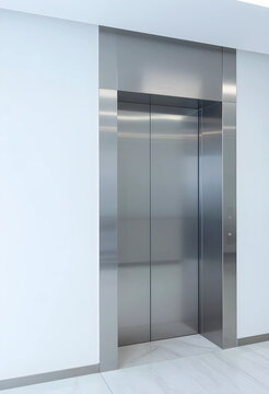Modern stainless steel elevator doors in a contemporary office building with white walls and marble floor, the sleek metal doors are framed by clean white walls and a polished marble floor