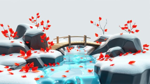 Winter scene depicts small bridge over blue stream. Snow covers rocks, ground. Red leaves add color contrast. Peaceful landscape.