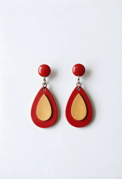 Pair of red and beige teardrop dangle earrings with round studs, fashion accessory on a white background