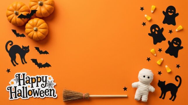 Halloween Paper Craft Frame on Orange Background