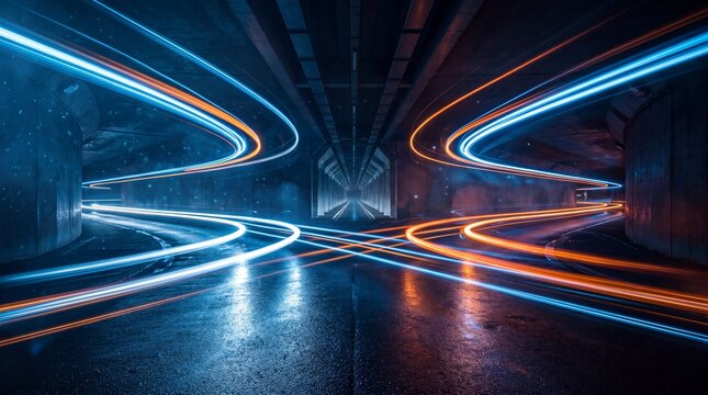 Abstract light trails moving fast through a dark tunnel