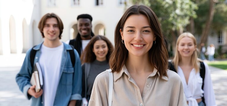 On a sunny day, diverse college students walk through a lively campus courtyard carrying books and backpacks.