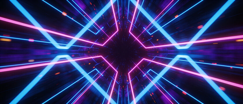 Futuristic neon tunnel representing high speed digital data transmission background
