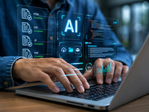 Artificial intelligence coding interface with programming languages and data analysis on a laptop screen