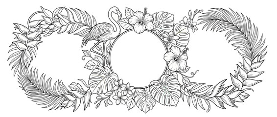 Tropical Flamingo Wreath with Exotic Leaves and Flowers © bagas