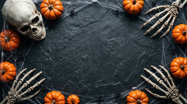 Skeleton Hands and Skull Border Frame on Slate