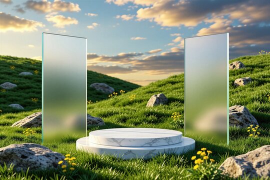 Minimalist marble pedestal with frosted glass panels set in green grass. Rocky hills, yellow flowers, and clouds under golden hour sky create natural stage. Product presentation.