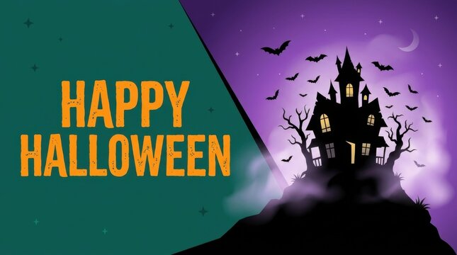 Haunted House Silhouette Graphic on Split Color Background