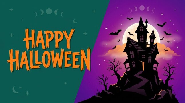 Happy Halloween Banner with Haunted Castle Silhouette