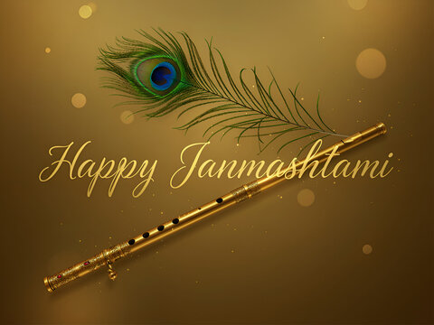 Luxurious gold background with bokeh, vibrant peacock feather, ornate golden bansuri flute, elegant "Happy Janmashtami" text.