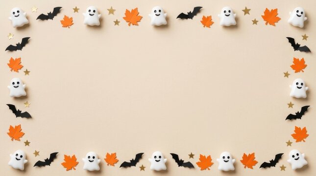 Flatlay Halloween Frame with Ghosts and Autumn Leaves