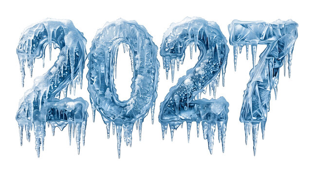 A frozen 2027 year made of ice and snow on transparent background