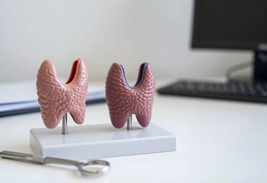 Human thyroid gland anatomical models on a white desk, medical education and endocrine system health