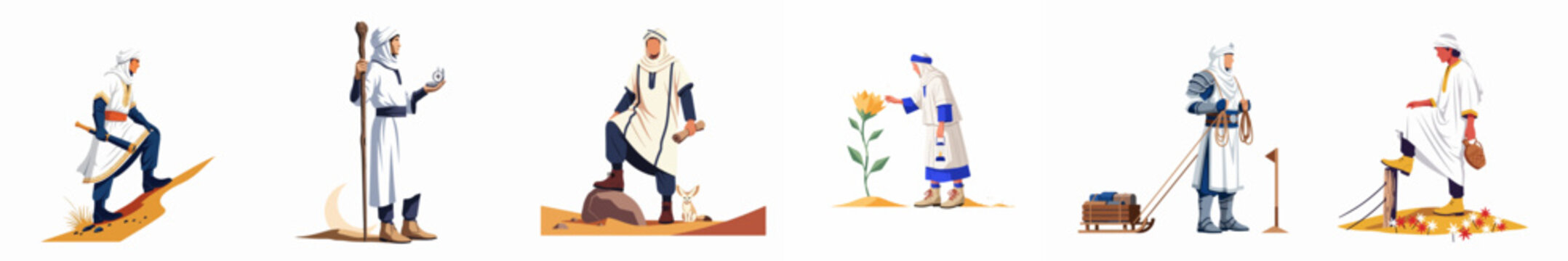 Set of diverse fantasy character illustrations showing a scholar or cleric in various activities like traveling, studying, and gardening on a white background.