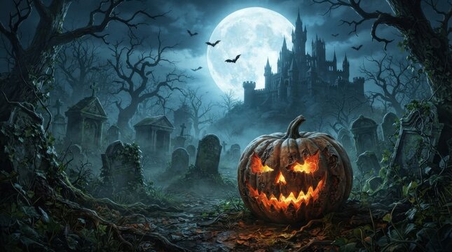 Glowing Jack O Lantern in Spooky Foggy Graveyard