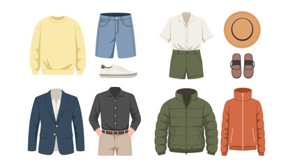 Naklejka premium Men Fashion Clothing and Capsule Wardrobe Vector Illustration Set Featuring Casual Sweatshirt Denim Shorts Blazer Puffer Jacket and Summer Vacation Outfit Elements for Retail Graphic Designs